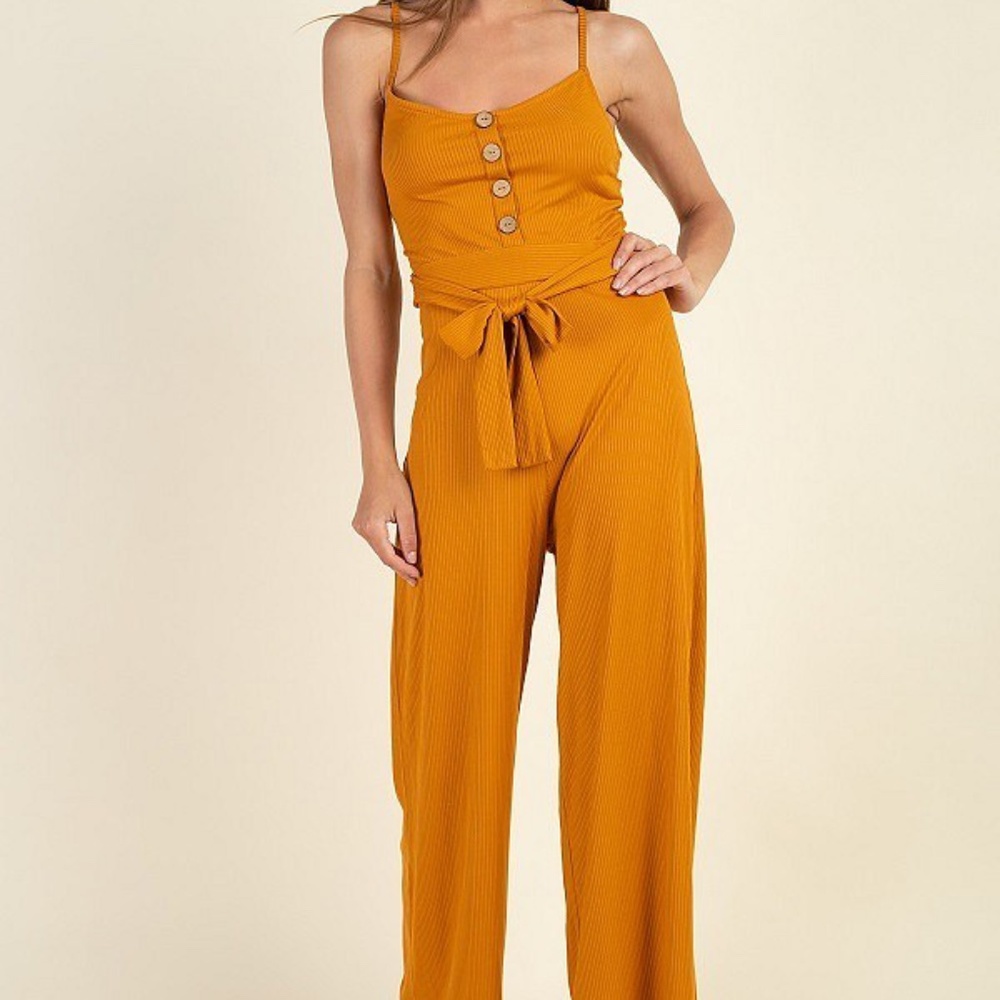 Waist Side Belt Rib Jumpsuit